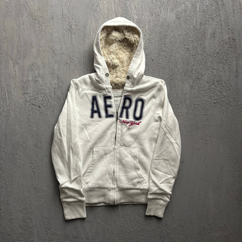 Vintage Aeropostale Sherpa Lined Full Zip Hoodie Womens Medium White 2000s Y2K
